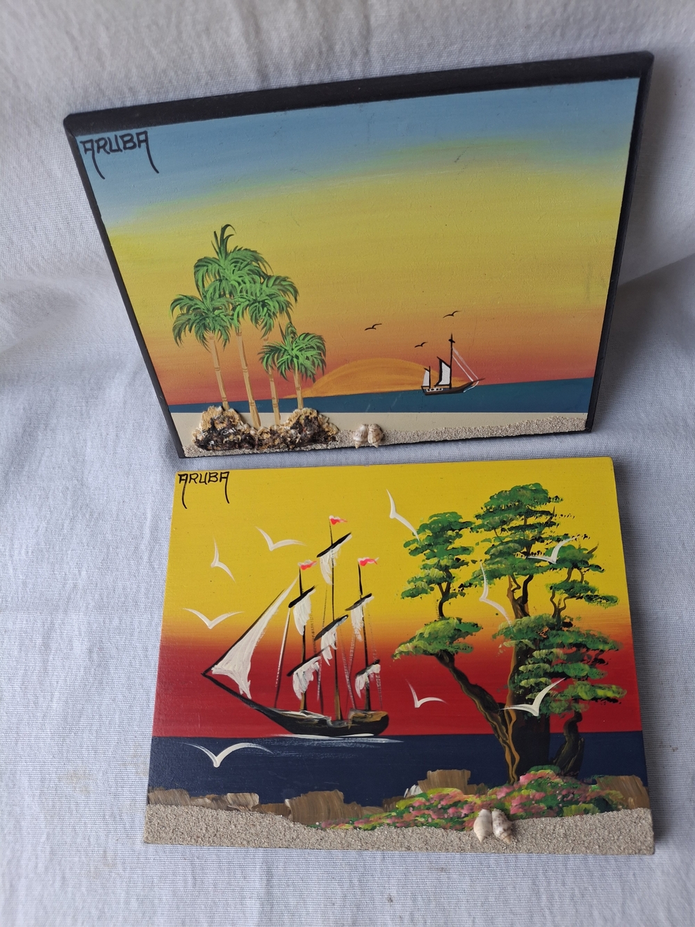 Handpainted Tropical Sunset and Sailing 2 Pc Wooden Set - Yellow & Multicolor